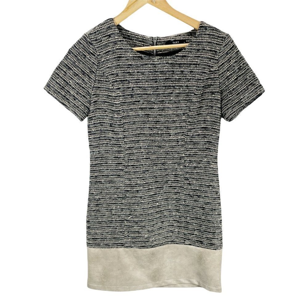 Tart Tweed Gray Knit Shift Dress Sz XS Short Sleeved Faux‎ Leather Trim Y2K Care